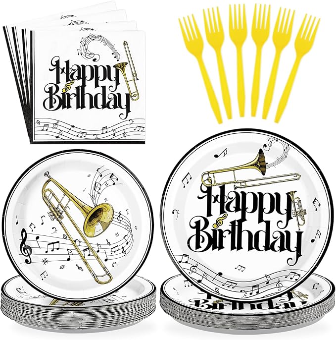 96Pcs Trombone Birthday Party Supplies Trombone Saxophone Birthday Plates and Napkins Musical Theme Birthday Tableware Set for Music Instrument Themed Party Supplies Serves 24