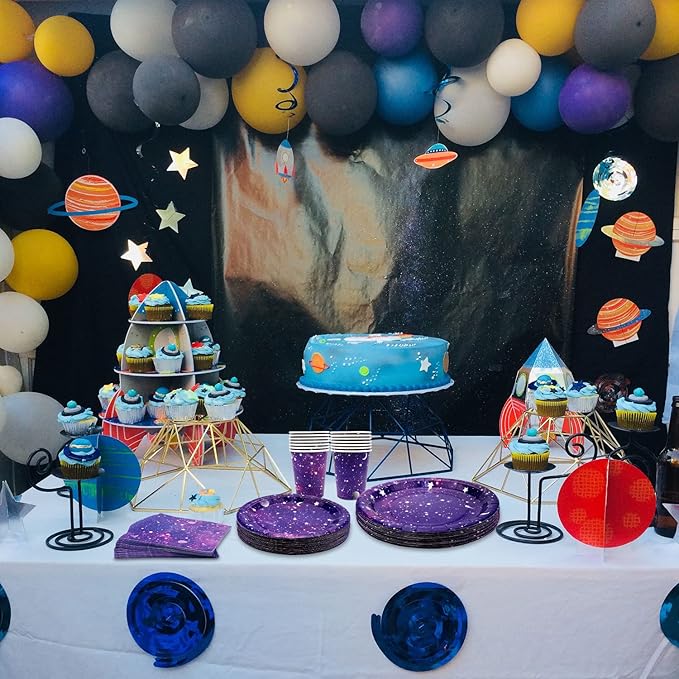 Space Galaxy Outer Party Supplies Tableware Set, Includes 20 9" Paper Plates, 20 7" Plate, 20 9 Oz Cups, 20 Lunch Napkin, for kids Solar System Astronaut Theme Birthday Decoration Serves 20