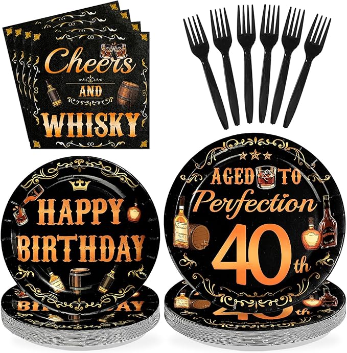 96 Pcs Whiskey 40th Birthday Party Supplies Aged To Perfection 40th Plates and Napkins Disposable Cheers and Whiskey Tableware Set for Men Vintage 40 Years Old Birthday Party Decorations Serves 24