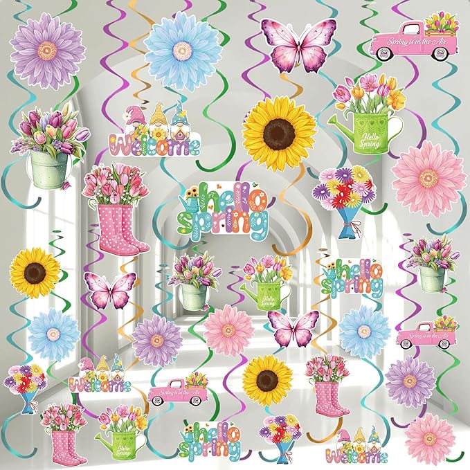 Spakon 72 Pcs Hello Spring Hanging Swirl Decorations Spring Party Decoration Assorted Sunflower Tulips Trucks Gnome Butterfly Ceiling Decor for Office Party Favors Home Supplies