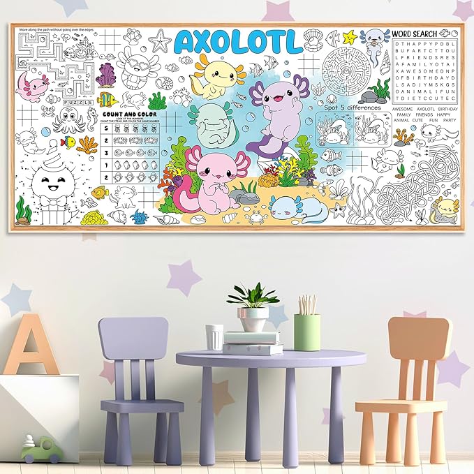 Naozinebi Axolotl Giant Coloring Poster for Kids Axolotls Large Coloring Tablecloth Big Paper Sheets Page Axolotl Theme Table Cloth DIY Activity Game Art Crafts Mat Wall Home Party Decoration Supplies
