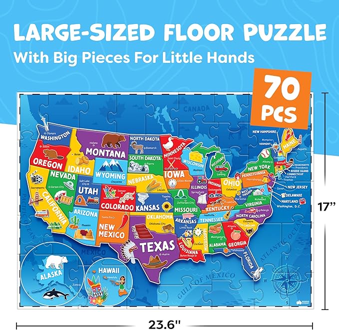 United States Puzzles for Kids Ages 4-6 - Educational Toys for Boys, Girls - 70pc USA Map Kids Puzzle - 50 States & Capitals - Floor Jigsaw Puzzles, Learning Activities, Easter Gifts for Kids