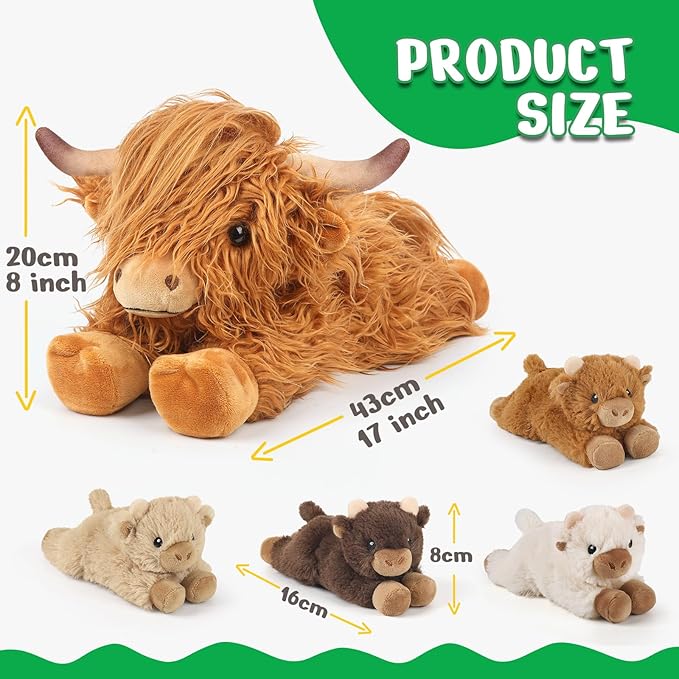 5PC Highland Cow Stuffed Animals with Babies Inside, 1 Mommy Highland Cow Plush & 4 Surprise Babies, Cute Soft Plush Toy for Kid Boy Girl Age 3-8, Gifts Ideal for Birthday, Christmas Imaginative Play