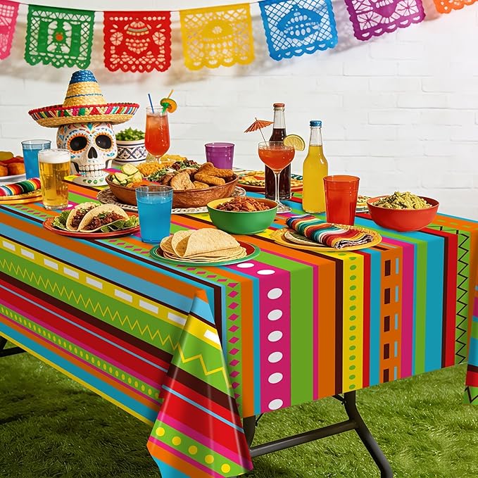 Kochorie 1 Roll 100 Ft x 54 Inch Mexican Fiesta Party Tablecloth Roll with Cutting Box Disposable Plastic Mexican Striped Table Cover Backdrop for Fiesta Taco Party Supplies