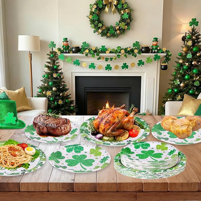 24 Pcs Happy St Patricks Day Plates Set - Disposable Green Shamrock Paper Plate, Irish Round Dinner Dessert Plate Dinnerware Kit for St Patrick's Day Party Decorations Supplies Table Decor