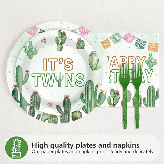 96Pcs Mexican Twins Baby Shower Decorations One Prickly Pair Plates and Napkins Mexico Fiesta 1st Birthday Decoration Favor for Twin Boys Girls Cactus Gender Reveal Birthday Party Supplies Serves 24