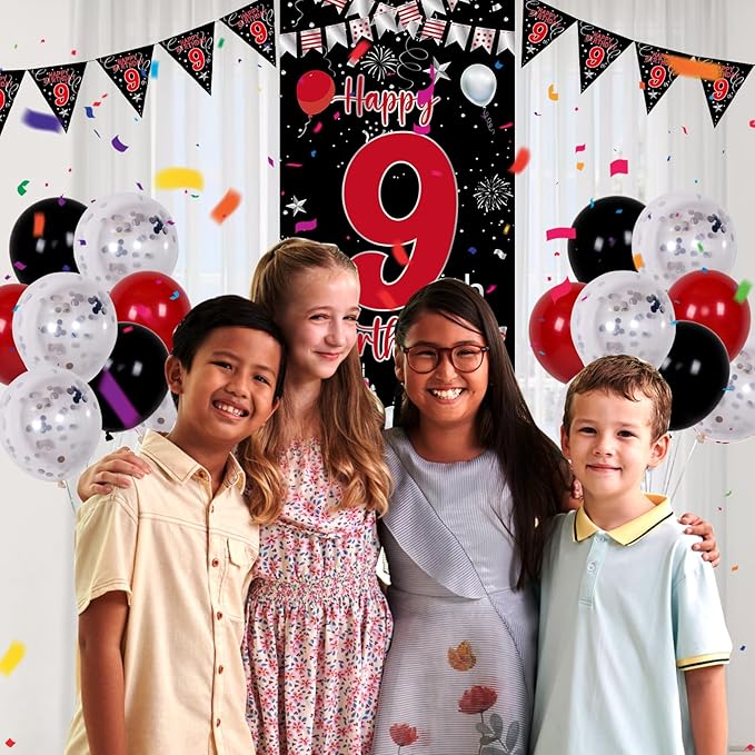 9th Birthday Decorations for Boys Girls, Red Black Happy 9th Birthday Decorations, Boy 9 Year Old Bday Door Banner, Triangle Flag, Large Number 9 Balloons Bday Party Decoration for Kids