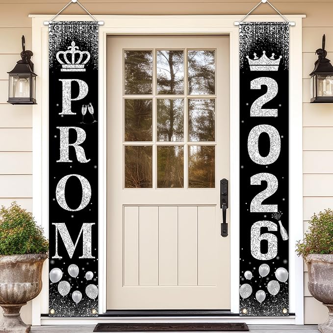 Prom Send Off Decorations 2026 Porch Sign, Black and Silver Prom Banner for Door 2026 Prom Decorations Door Banner Prom Party Decorations for High School College Graduation Prom Party Supplies