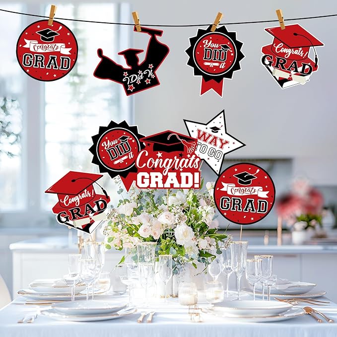 24Pcs Graduation Party Decorations Class of 2026, Graduation Centerpieces for Tables, 2026 Congrats Grad Party Centerpiece Stick Table Toppers for Graduation Party Supplies (Red)