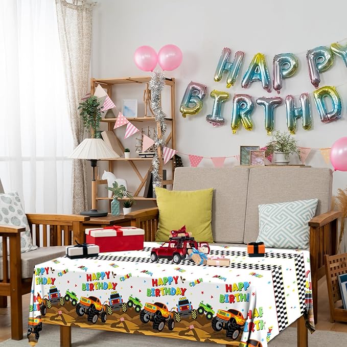 Monster Truck Tablecloth - 3 Pcs Disposable Machine Table Cover, Checkered Tablecloth for Monster Truck Birthday Party Decorations