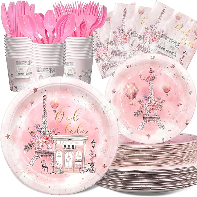 Paris Party Decorations Set - Chic Parisian Party Plates, Cups, Napkins, and Cutlery for a Magical Celebration - Elegant and Disposable Paris Party Supplies for Birthdays and Events