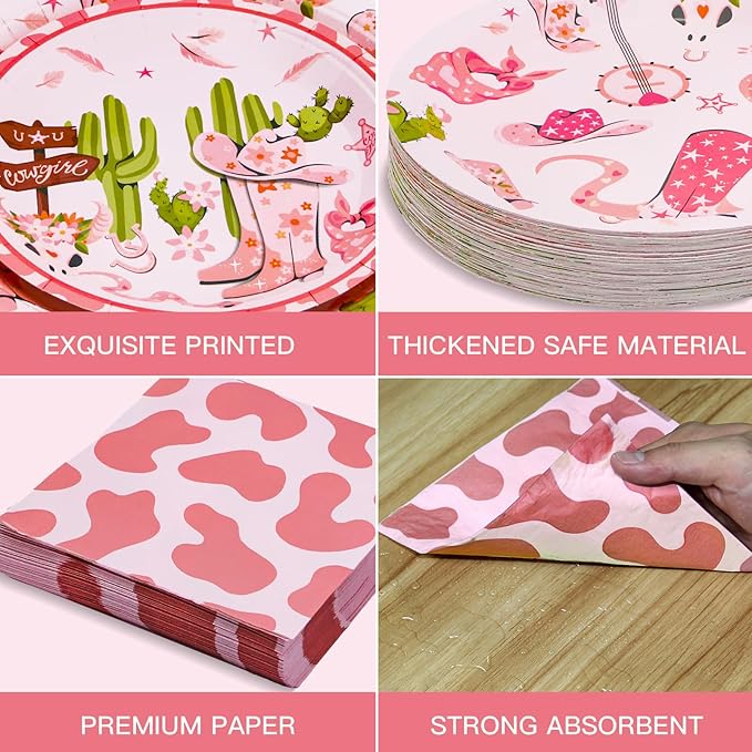 180PCS Cowgirl Party Supplies Serve 60, Western Party Paper Plates and Napkins Set for Pink Cowgirl Rodeo Birthday Bachelorette Party Decorations, Includes Dinner Plates, Dessert Plates, Napkins