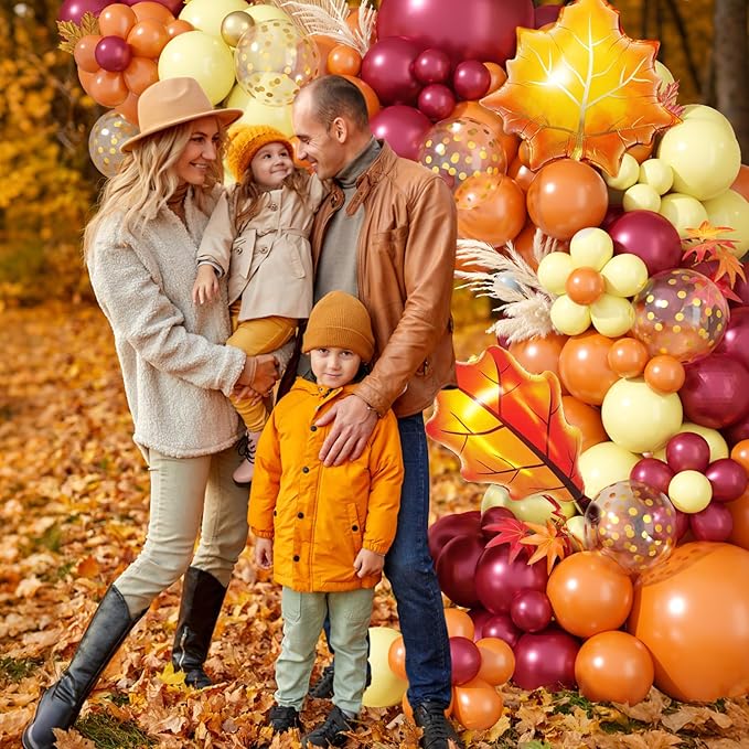 Fall Balloon Arch Kit, Thanksgiving Balloon Garland with Wine Red Orange Pastel Yellow Balloons with Leaf Foil Balloons for Thanksgiving Autumn Fall Birthday Baby Shower Party Decorations