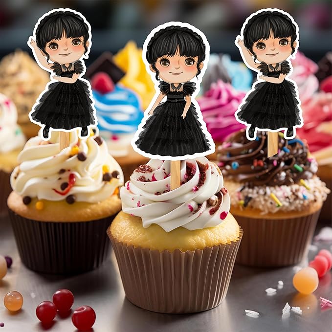 Wednsday Cupcake Topper – Gothic Dark Theme Cupcake Topper for Birthday Celebrations and Themed Events, Stylish Character-Inspired Decorative Cake Topper for Dessert Tables and Party Displays