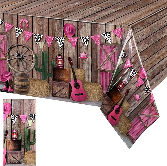 Tiamon 1 Pieces Western Party Tablecloth Cowgirl Table Cover Pink Western Cowgirl Plastic Tablecloth Disposable Wild West Table Cover for Baby Shower Birthday Party Supplies, 54 X108 Inch