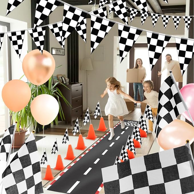 Windspeed Race Car Party Supplies, 38 Pcs Set: 24 Checkered Flags, 12 Mini Traffic Cones, 6.5Ft Racetrack Mat, 9.8Ft Hanging Flag, Birthday Decorations