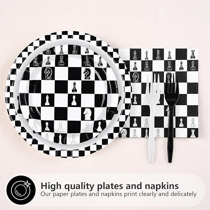 96Pcs Chess Happy Birthday Party Supplies Black and White Checkered Plates and Napkins Disposable Chessboard Game Tableware Set for Chess Player Birthday Party Decorations, Serves 24