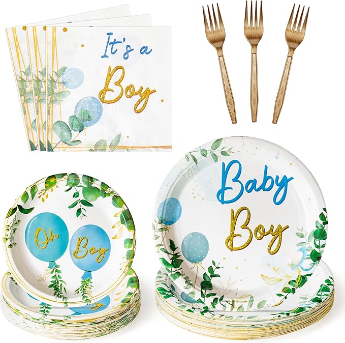 96Pcs It's a Boy Greenery Baby Shower Party Plates Supplies - Sage Green Watercolor Blue Balloon Party Tableware Decorations Disposable Paper Plates Napkins Fork for Birthday, Serves 24 Guests