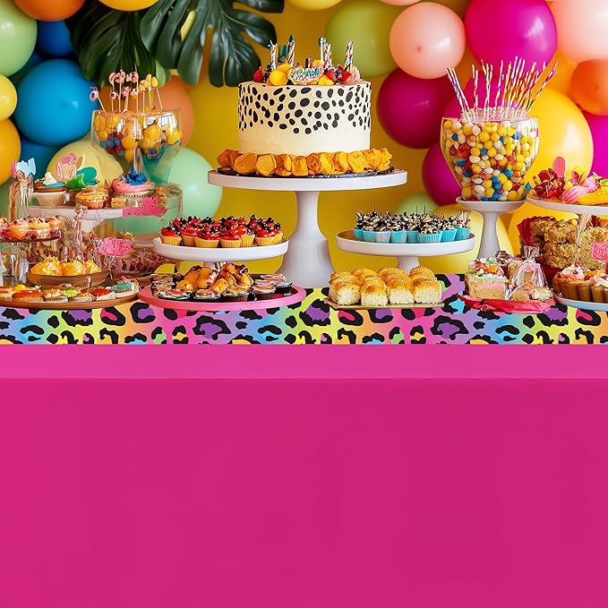 Leopard Party Decorations Tablecloth, 3Pcs Disposable Hot Pink Iridescent Rainbow Cheetah Print Party Supplies Table Cover Printed Table Runner for Birthday Bridal Shower Wedding, 55in x 86in