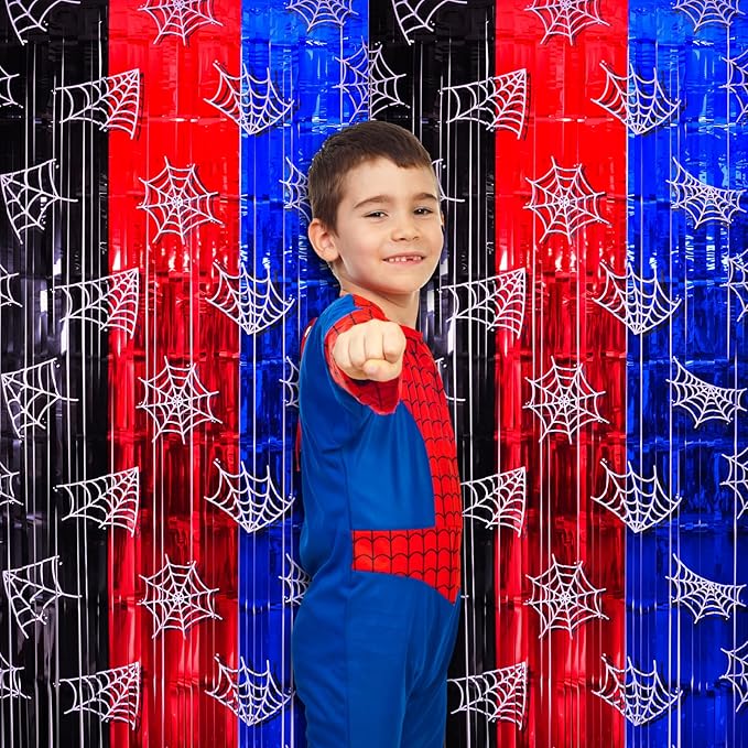 Spider Web Birthday Decorations, 2 Pack Spider Party Supplies 3.3x6.6ft Tinsel Foil Fringe Curtains, Red Black, and Blue Photo Booth Prop Backdrop Streamer, Birthday Decor, Party Decor for Boys
