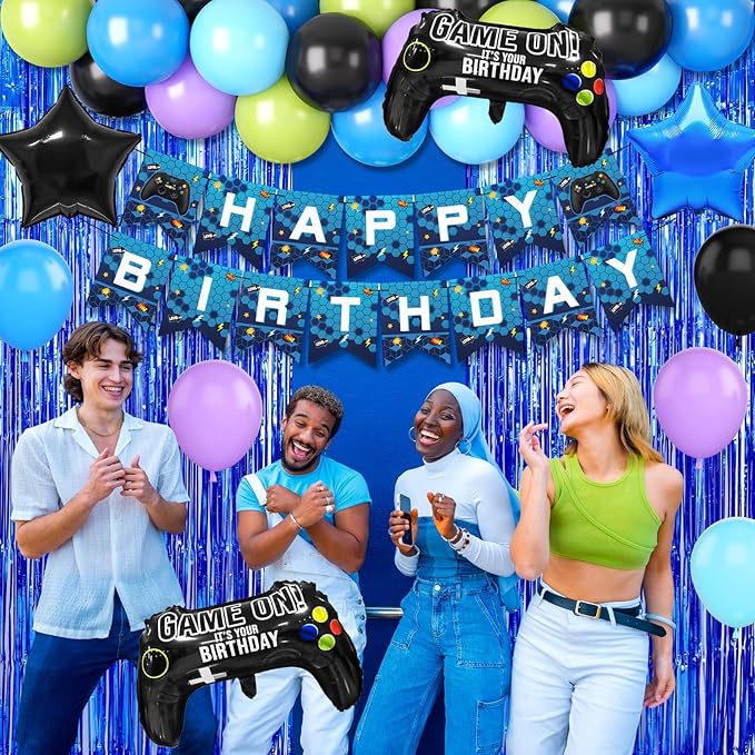 Video Game Theme Party Decorations, Black Blue Purple Green Balloons Happy Birthday Banner Cake Topper Game Foil Balloon Blue Fringe Curtain for Kids Boys Men Birthday Party Decor