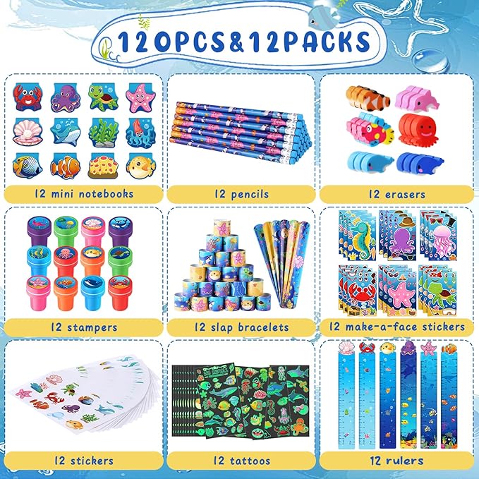 BenLouis 120Pcs Under the Sea Party Favors Ocean Animals Party Stampers Stickers School Stationery Bulk for Kids Sea Shark Birthday Mermaid Party Goodie Bag Stuffer Classroom Gifts Rewards Supplies