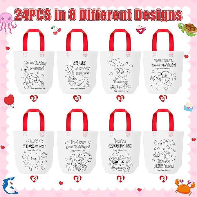 Valentine's Day Coloring Goodie Bag for Kids - 24Pcs Ocean Animal Bulk Color Your Own Gift Bag with Handle Ocean Theme Reusable Coloring Non Woven Tote Bag for Valentine Party DIY Painting Craft Favor