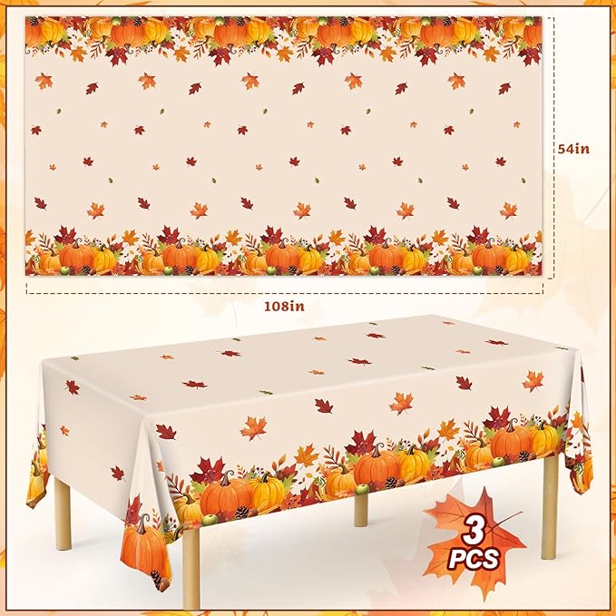 Thanksgiving Tablecloth, 3PCs Fall Tablecloths 54” x 108” Plastic Disposable Tablecloth Autumn Maple Leaf Party table Cover for Friendsgiving Fall Party Table Decorations Thanksgiving Table Decor