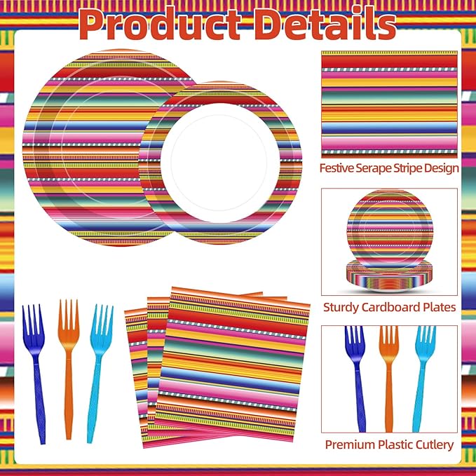 100 Pcs Mexican Fiesta Tableware Party Supplies Set, Serves 25 – Disposable Colorful Serape Striped Paper Plates, Napkins, and Forks, Cinco de Mayo, Taco Tuesday, Fiesta and Day of the Dead Decoration
