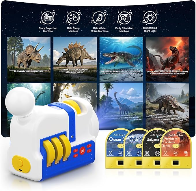 Kids Story Projector with 4 Science Cartridges, Bedtime Stories, Lullabies & Night Light, Storybook Player Machine, Educational Storytime Projector, Early Learning Toys Gift for Toddler Ages 3+