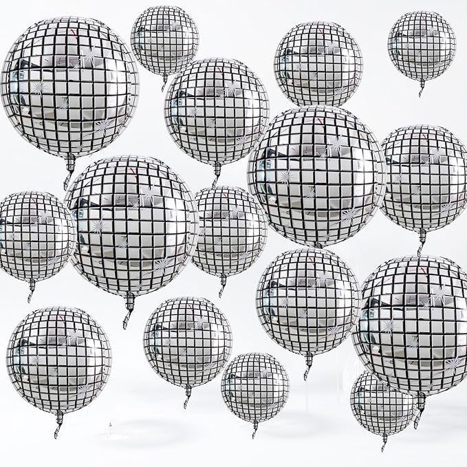 TONIFUL 16Pcs Large Disco 4D Giant Round Foil Balloon 4D Mirror Metallic Mylar Sephere Balloons for Christmas New Year Birthday Ball Party Graduation Wedding Disco Decoration Supplies(Mix Sizes)