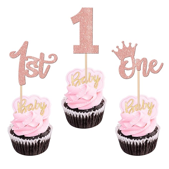 24 PCS One Cupcake Toppers Glitter 1st Birthday Cupcake Picks First Birthday Crown Wild One Cupcake Decoration for Baby Shower 1st Birthday Boho Theme Party Cake Decorations Supplies Rose Gold