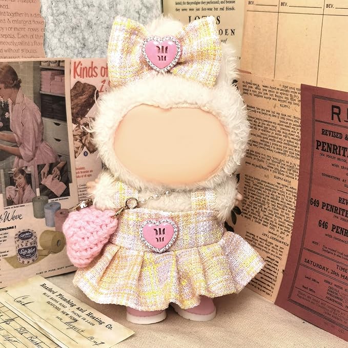 Clothes Compatible with LABUBU – Blue & White Tweed Dress with Bow, Bracelet & Shoes | 4PCS Couture-Inspired Outfit for 8-Inch Dolls (Blush Tweed Belle)