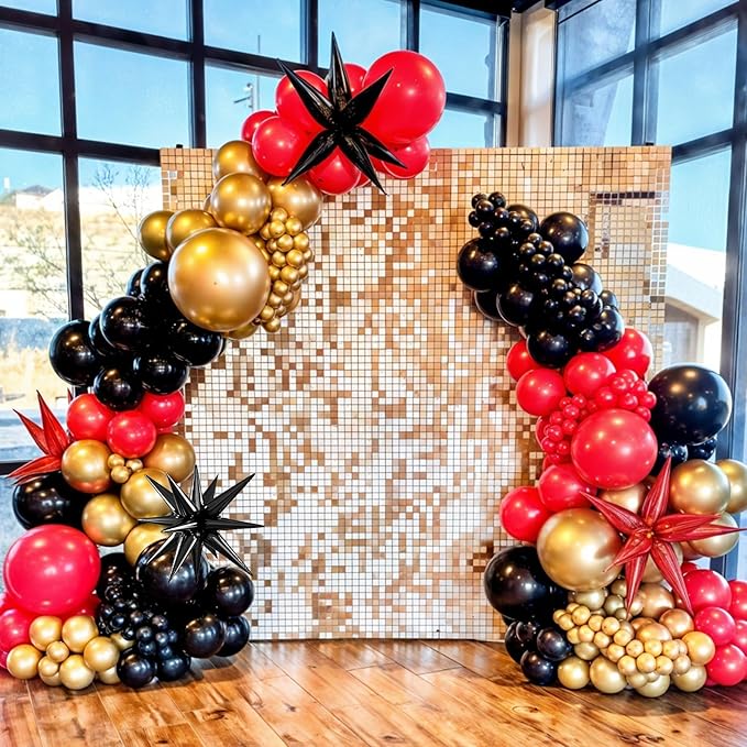 Red Black and Gold Balloons, 12 Inch Red Metallic Gold Black Confetti Balloons with Star Foil Balloon for New Years Party Casino Night Movie Night Birthday Baby Shower Decorations