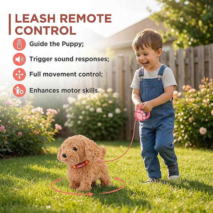Wuffy Interactive Robot Dog Toy for Kids, Realistic Walking Plush Puppy with Touch Sensor, Voice Mimic & Licking Motion, Leash Remote Control, Screen-Free Pet for Ages 3+