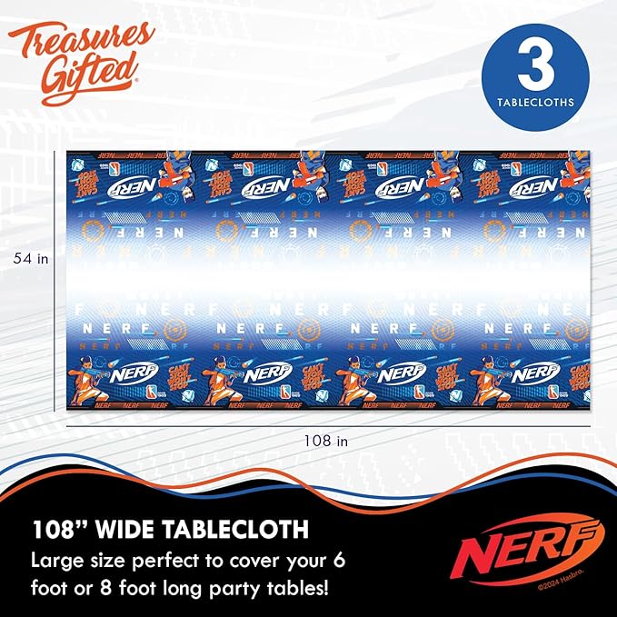 Treasures Gifted Officially Licensed Nerf Party Supplies - Pack of 3 Tablecloth - Nerf Birthday Party Decorations - Disposable Plastic Table Cover for Parties 54in x 108in