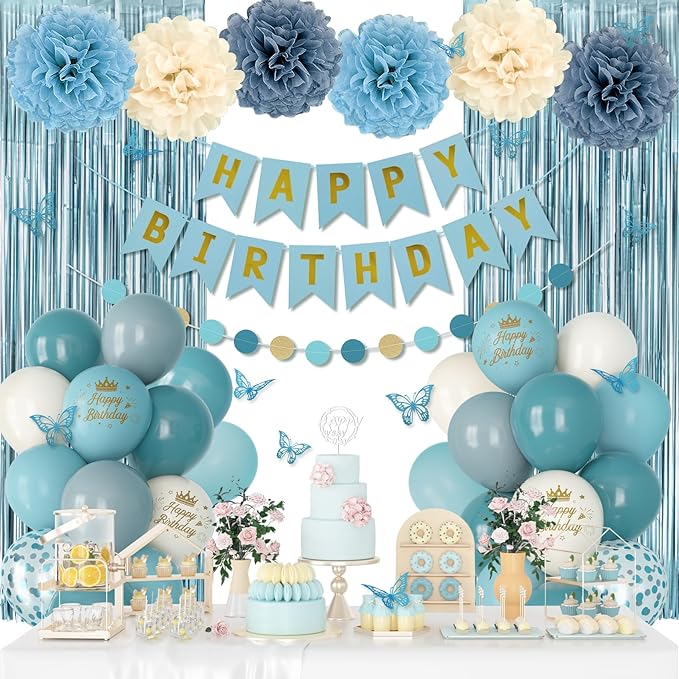 Blue Birthday Decorations, Dusty Blue Sand Confetti Metallic Printed Balloons Butterfly Stickers Fringe Curtain Happy Birthday Banner Circle Dots Paper Pompoms Boys Men Girls Women Party Supplies