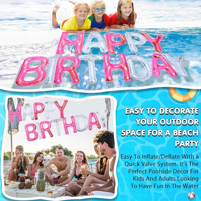 Shappy 20'' Happy Birthday Pool Large Floating Letter Balloons with Adhesive Dots Inflatable Pool Decorations for Summer Birthday Party
