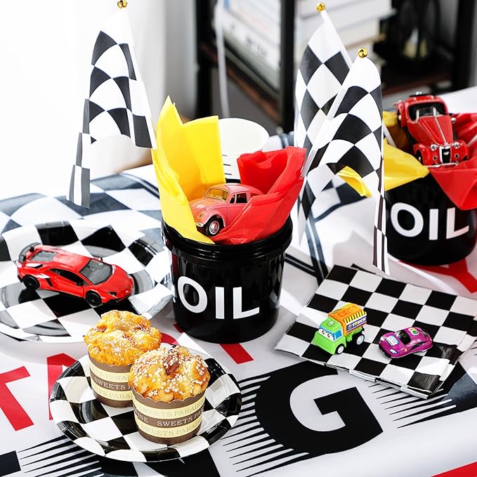48 Pcs Race Car Party Decorations 6 Sets Racing Table Centerpieces Including 12 Checkered Flags 6 Plastic Drums 6 Oil Stickers 24 Tissue Papers for Race Car Themed Birthday Party Supplies