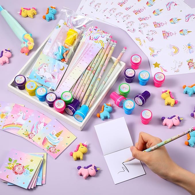 PerKoop 168 Pcs Unicorn Valentine's Day Favors Unicorn Goodie Favor Bags with Mini Notebook Pencil Sticker Stamp Pastel Rainbow Birthday Decor Prizes Gifts Goody Favors Bag Piñata Fillers Supplies