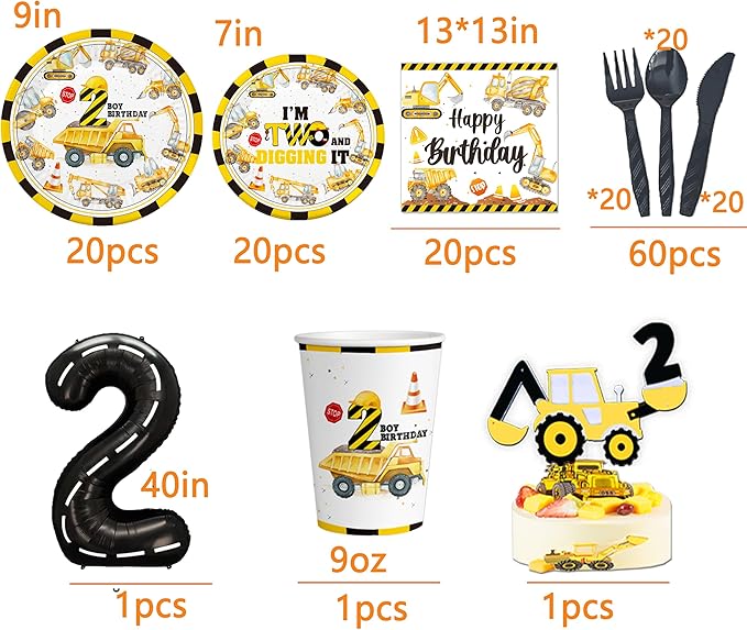 Construction 2nd Birthday Party Supplies ,Dump Truck 2nd Birthday Party Decorations Tableware Includes Box Cutout Sash Plates, Cup, Napkin, Balloon, Backdrop, Tablecloth, Banner, Construction 2nd