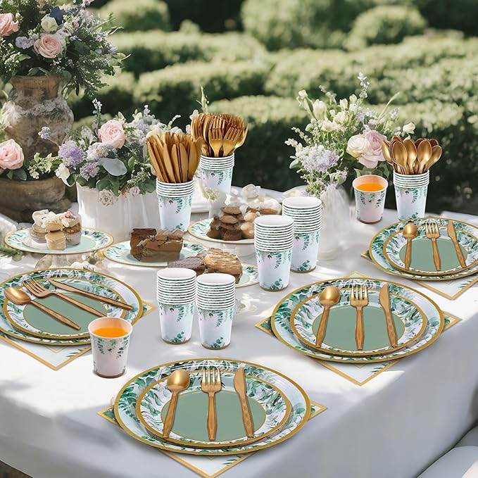 350 Pcs Tea Party Supplies Spring Summer Sage Green Tableware Set Disposable Plates Napkins Paper Cups Plastic Cutlery Set for Birthday Bridal Baby Shower Serves 50