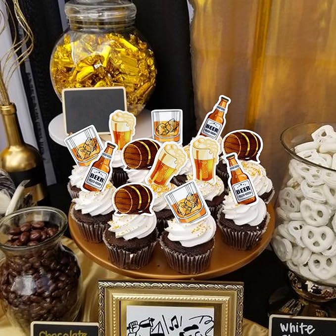 Ercadio 40 PCS Edible Beer Party Cupcake Toppers Cheers and Beers Happy Birthday Party for Father's Day Beer Kegs Cake Drink Topper Favor for Summer Family Party Decor Supplies
