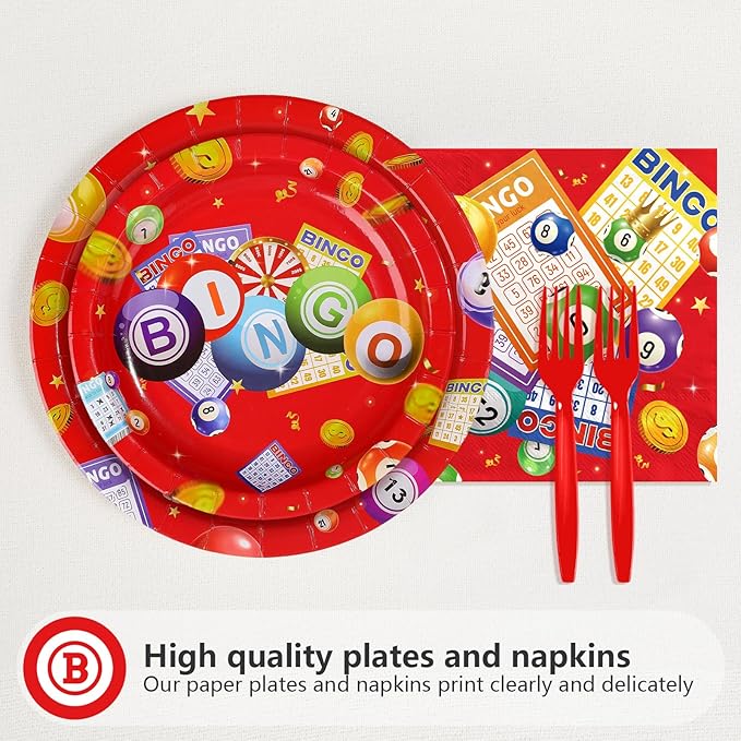 96Pcs Bingo Party Supplies Bingo Night Game Plates and Napkins Disposable Tableware Sets Bin-go Theme Birthday Party Decoration Favors for Kids Adult Casino Family Game Night Decoration Serves 24