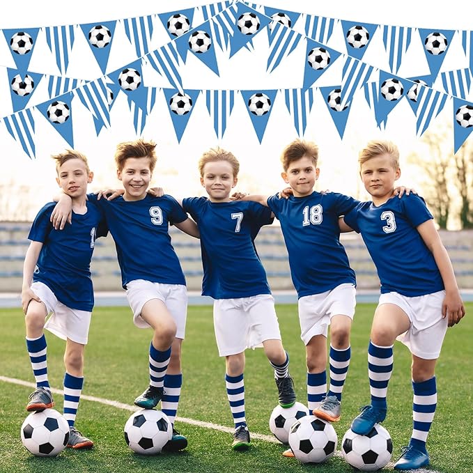 Faccito 5 Pack Blue Soccer Banners Soccer Party Decorations Sports Champion Paper Pennants Blue Hanging Triangle Flags Garland Bunting for Sports Game Fans Outdoor Indoor Birthday Party Supplies
