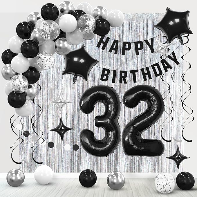 32th Birthday Decorations for Men Women- Black Silver Happy 32th Birthday Party Decor With Banner Backdrop,Number 32 Foil Balloon -Black White Balloons Garland Arch Kit for 32 Years Old