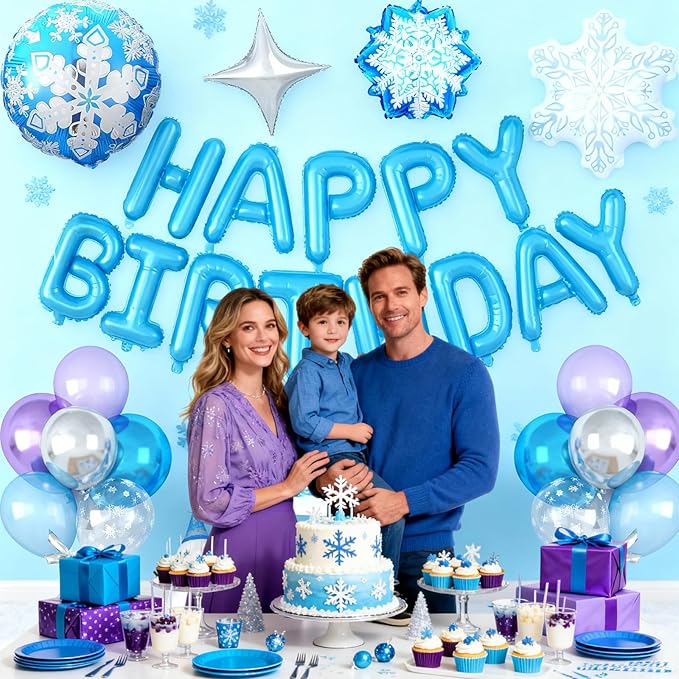 29PC Blue Winter Happy Birthday Balloon Banner, 16Inch 3D Aluminum Letter Banner Sign, White Metallic Blue Silver Snow Balloons 18 Inch Snowflake Foil Balloon for Frozen Party Decorations