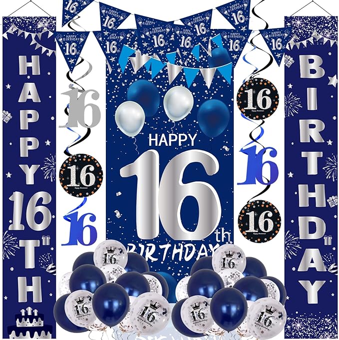 16th Birthday Decorations for Boys Girls, Navy Blue Happy 16th Birthday Door Banner Sign, 16 Years Old Party Supplies Teenagers Bday Backdrop Balloons Hanging Decors