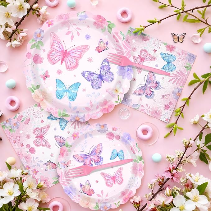 96 Pieces Butterfly Floral Tableware Set – Scalloped Edge Garden Flower Disposable Plates, Napkins, and Forks for Spring Birthday, Baby Shower, Tea Party, Mother’s Day Celebrations – Serves 24 Guests