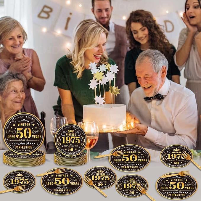 96PCS 50th Birthday Plates and Napkins Party Supplies 50th Birthday Decorations for Men 5oth Anniversary Decorations Vintage 1975 Party Tableware Sets Serve 24 Guests